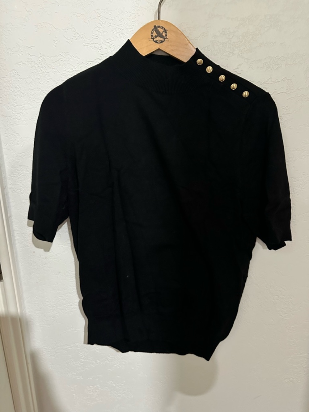 Ann Taylor Black Short-Sleeve Mock Neck Shirt with Gold Shoulder Buttons